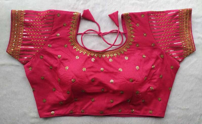 Milan silk readymade blouse in rich embroidery with heavy thread, zari, and 3mm sequins, free-size adjustable fit.