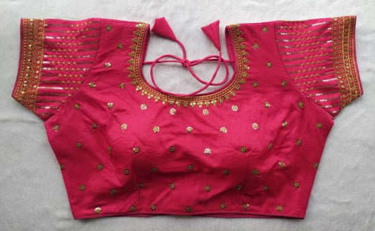 Milan silk readymade blouse in rich embroidery with heavy thread, zari, and 3mm sequins, free-size adjustable fit.