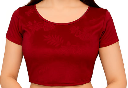 Velvet Stretchable Blouse with One Half Embossed Sleeve
